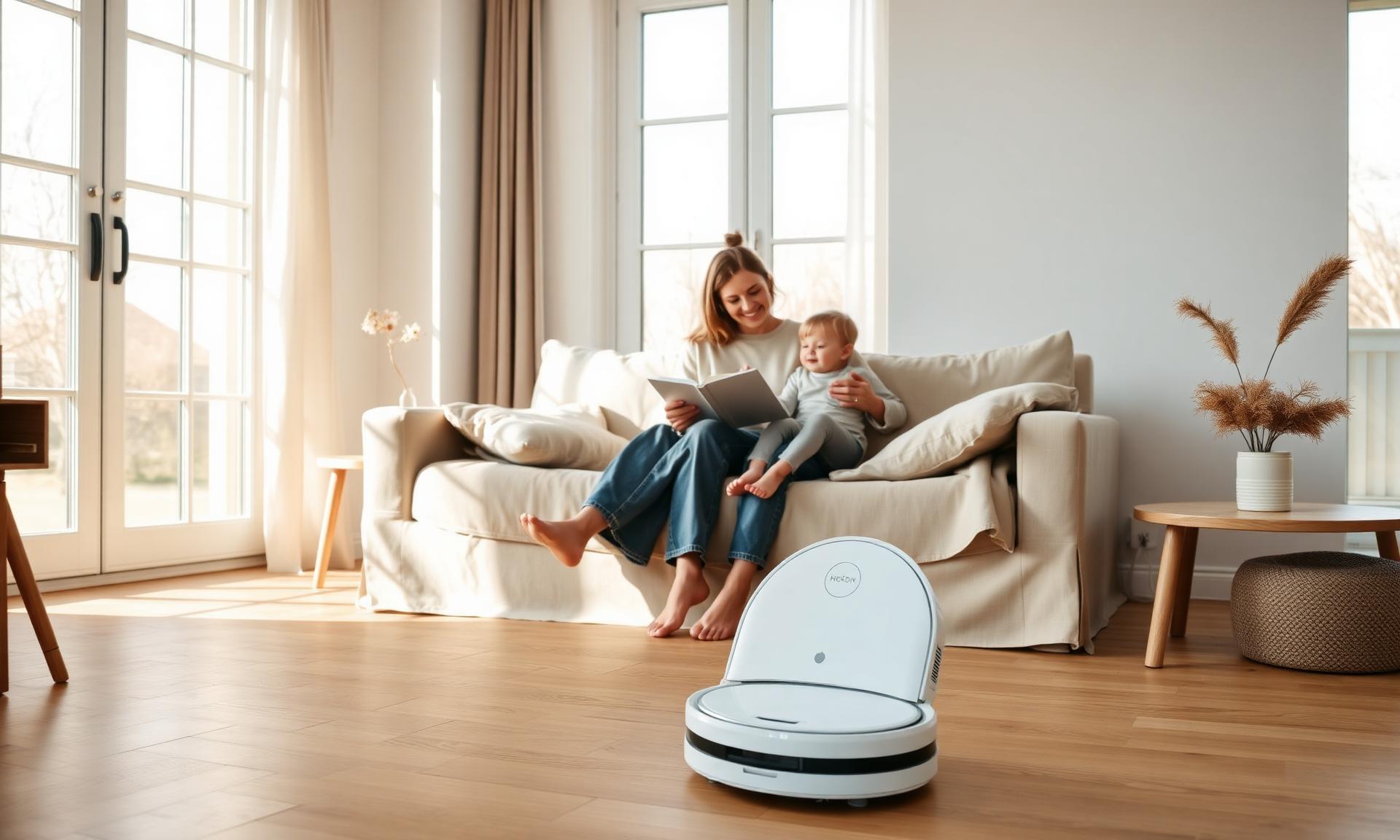 Familie geniet van tijd samen terwijl een robotstofzuiger schoonmaakt